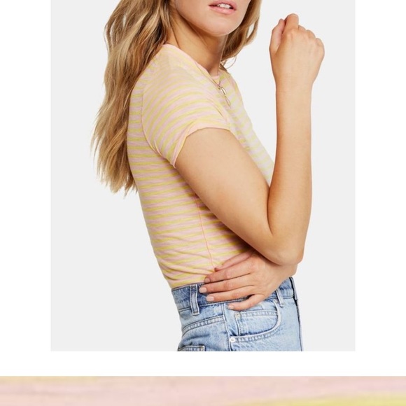 💜 FREE PEOPLE Womens Pink Striped Short Sleeve Crew Neck T-Shirt in S - Picture 2 of 7